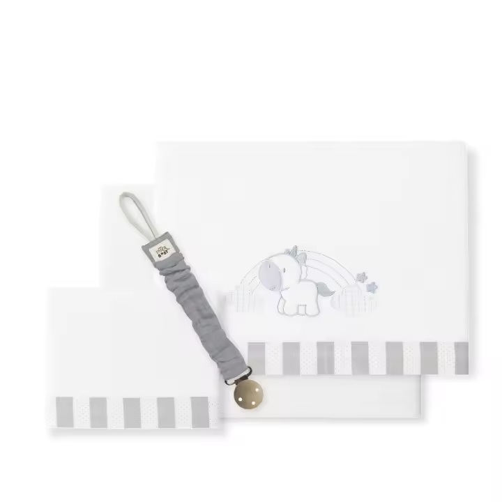 Interbaby Juego De Sábanas para Cuna 60 X 120 Cm, Bebe Primavera, Verano y Otoño Tipo 100% Algodón Extrasuave Fafricado en España - Mibebestore(bajera+encimera+funda Almohada+Broche Chupetero) - Unicornio Nubes Blanco/Gris - 1