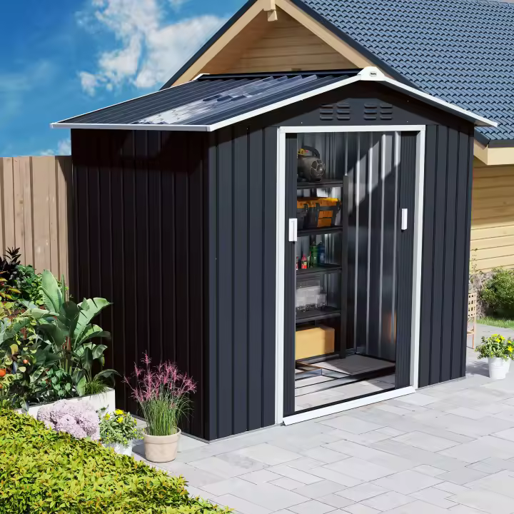 Outsunny Cobertizo de Jardín 2,42m² con Base de Refuerzo Sin Suelo 213x130x185 cm Caseta de Jardín Exterior con Puertas Correderas Claraboya 4 Ventanas para Almacenamiento de Herramientas - 1
