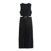 Vestido Elegante De Verano Para Mujer Con Cintura Acolchada Vestido Largo De Fiesta Sin Mangas Slim Fit Hollowed out O-Neck Polyester - details 1
