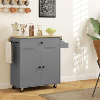 HOMCOM Isla de Cocina con Ala Abatible Carrito de Cocina Mueble Auxiliar de Cocina con Ruedas 2 Puertas Cajón Especiero Toallero y Estante Ajustable 106x42x87 cm Gris y Roble - details 1