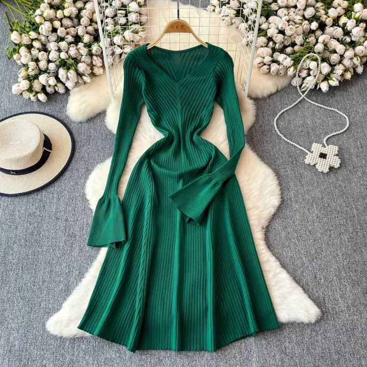 Vestido Largo Elegante Para Mujer Con Manga Flared Y Cuello V En Tejido Suave De Algodón Vestido Bodycon Con Volantes Para Fiesta Y Oficina - 1