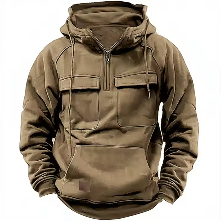 Nuevo Hombres Tops Sudadera con capucha Color sólido Sudadera Multi-Bolso Parche Chaqueta de cuero - 1