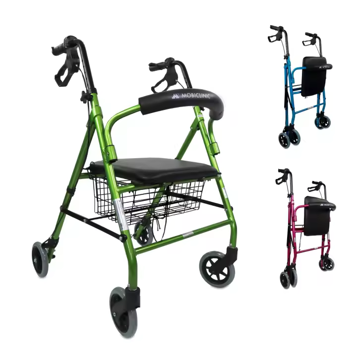 Mobiclinic® Andador para ancianos Escorial Plegable Frenos manuales y bloqueables Aluminio Con cesta Ligero y resistente Con asiento y 4 ruedas Burdeos - 1