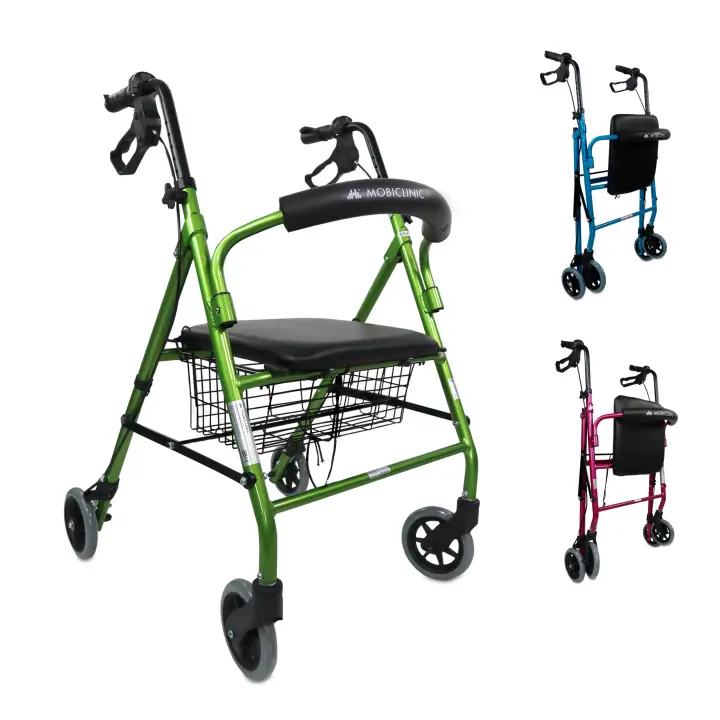 Mobiclinic® Andador para ancianos Escorial Plegable Frenos manuales y bloqueables Aluminio Con cesta Ligero y resistente Con asiento y 4 ruedas Burdeos - 1