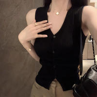 Chaqueta De Punto Sin Mangas Para Mujer Estilo Coreano Color Sólido Verano Moda Chic V-cuello Ajustada Top Transversal - details 2