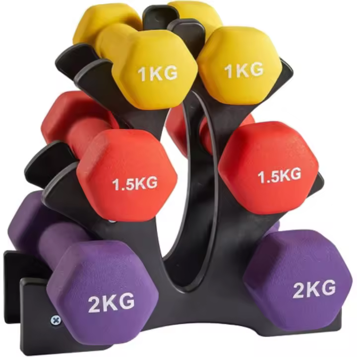 COSHANO Set de 6 mancuernas 2x 1kg, 2x 1.5kg, 2x 2kg pesas con soporte para gimnasio y entrenamiento en casa - 1