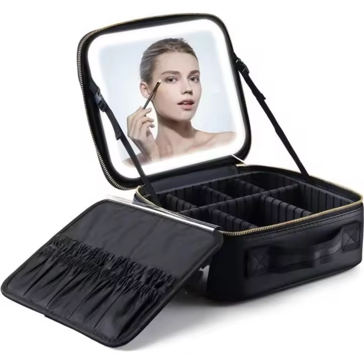 Neceser de viaje con Cremallera y Espejo with Luz LED - Organizador de maquillaje recargable por USB para cargar-Negro - 1