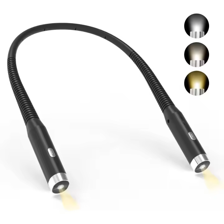 Lámpara de lectura para el cuello, lámpara de lectura recargable para mesita de noche, 3 colores y 3 niveles de brillo ajustables, plegable 360°, luz de lectura LED USB para viajar, tejer, acampar - 1