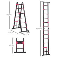 HOMCOM Escalera de Aluminio Plegable 2 Formas de Uso Retráctil Portátil Escalera Telescópica 12 Escalones Antideslizantes Carga 150 kg 379x67,5x11 cm Negro y Rojo - details 3