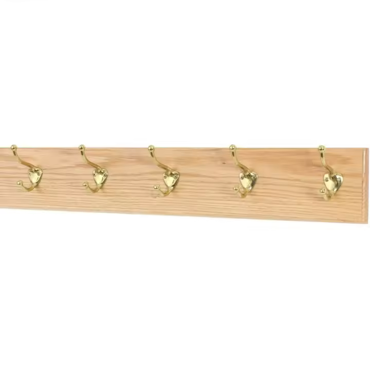 CABLEPELADO Perchero de madera pared para atornillar, Colgador de pared de madera, Percha de pared de madera, Soporte para colgar de madera, 49.5 cm ancho x 6 cm alto, Madera, 5 ganchos dorados - 1