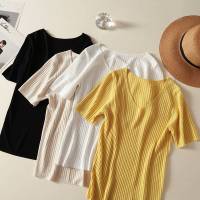 Camiseta De Mujer De Verano Con Cuello En V Y Manga Corta Tejida En Color Negro Y Naranja Estilo Slim Para Ocio Casual - details 0