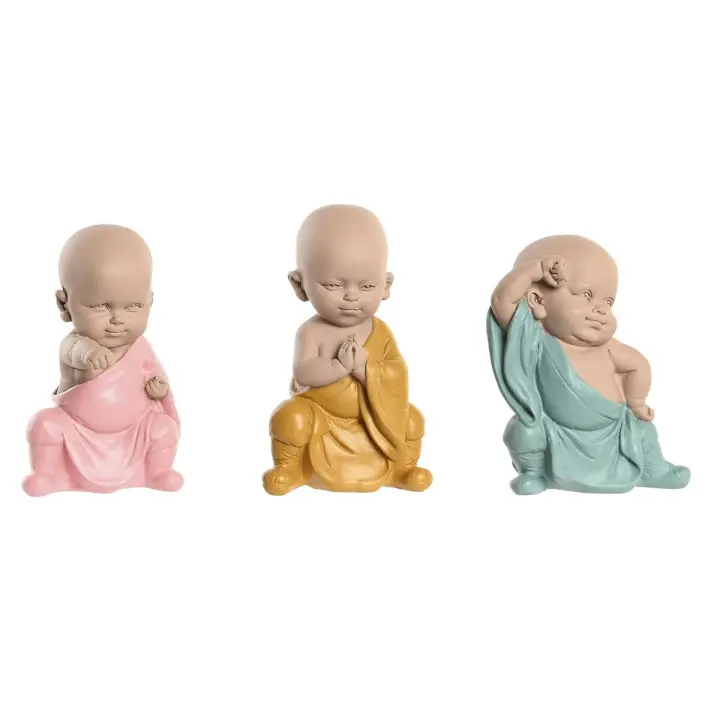 Figura Decorativa DKD Home Decor Azul Rosa Amarillo Resina Monje (8 x 5,5 x 12,7 cm) (3 Unidades) - 1