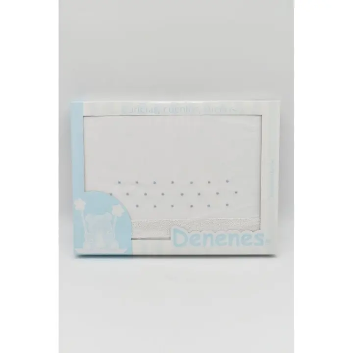 Juego de Sábanas de Tela para Minicuna/Coche, Modelo Topitos Estampados, 100% Algodón, Color Blanco/Azul, Denenes - 1