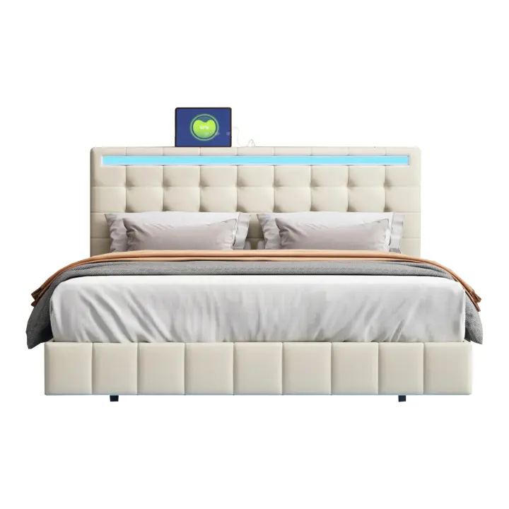 Cama Tapizada Flotante 140x200 cm con LED y Cabecero de Diseño, Lino Beige - 1