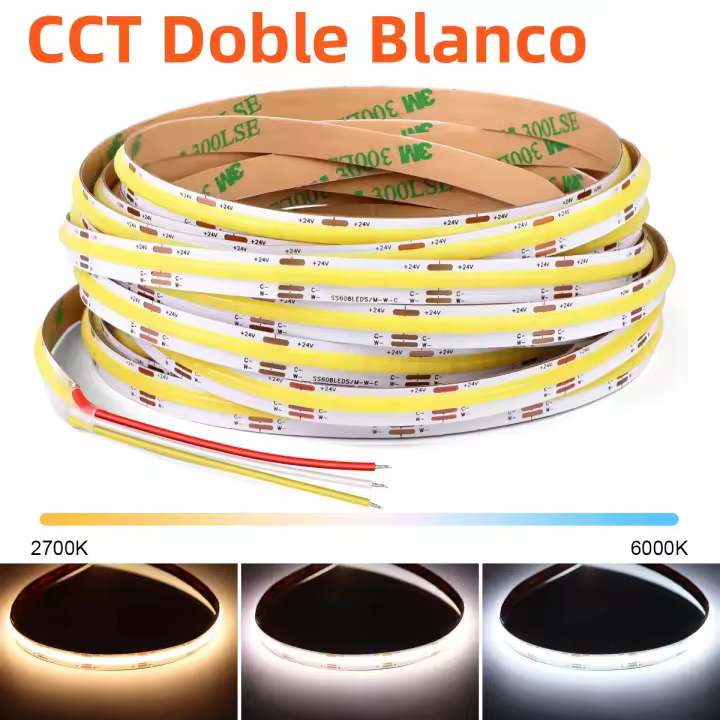 Tira De Luz LED COB Dimmable DC12V-24V CCT 2700K-6500K 608LEDs/M Cambiable Para Decoración De Cocina Habitación Y Coche - 1