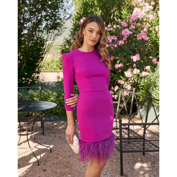 Vestido CLAUDINE BUGANVILLA MIPHAI - Vestido Corto con Plumas de Avestruz - Manga Larga - Ideal para Bodas y Cocktails - 1