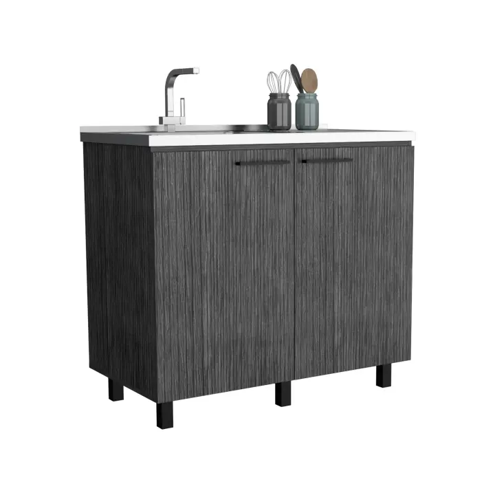 TUHOME Mueble bajo Nápoles en melamina con 2 estantes, 2 puertas y encimera de acero inoxidable - Gris 89 cm X 100 cm X 52.5 cm - 1