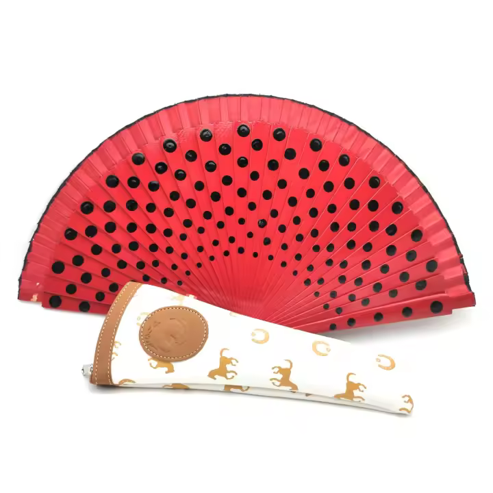 Abanico de Mano Plegable con Funda. Precioso Abanico Rojo con Lunares Negros. Abanico Flamenco con Funda de Lona de Alta Calidad y Fabricada en España - 1