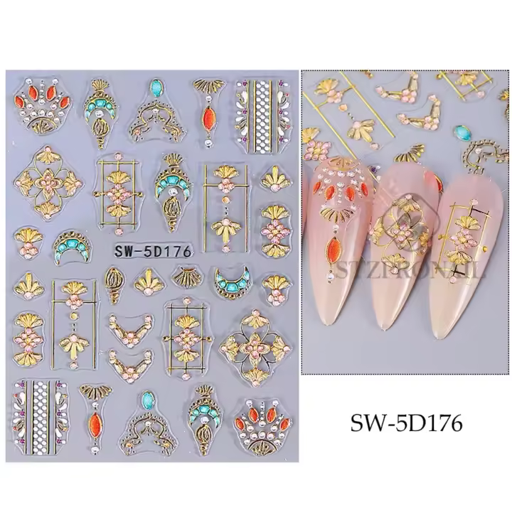 Pegatinas De Uñas 5D Estilo Bohemio Con Estrella Flor Y Diamantes Adornos Para Manicura DIY Decoración De Uñas Con Patrón De Línea Solar - 1