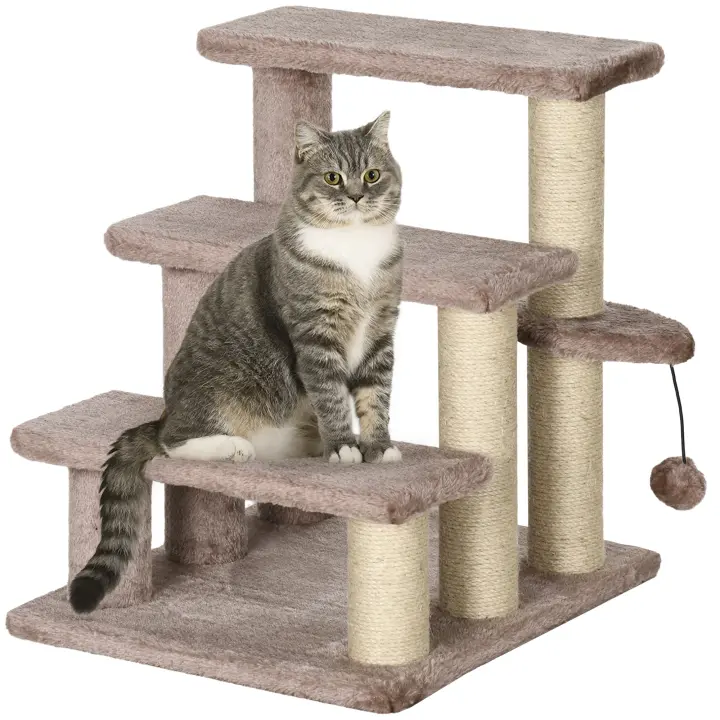 PawHut Escaleras para Gatos Escaleras para Mascotas de 3 Escalones con Columnas rascadoras Escaleras de Bolas para Perros Escaleras para Animales para Gatos de hasta 5 kg Yute de Felpa Marrón 45 x 40 x 48 cm - 1