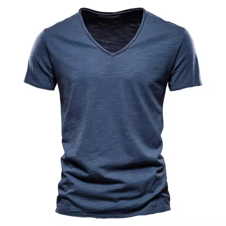 Camiseta De Algodón 100% Para Hombre Con Cuello En V Y Manga Corta Diseño De Moda Ajustada Top Masculino Transpirable Ligera Y De Secado Rápido - 1
