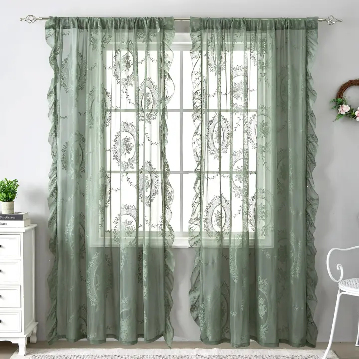 Cortinas De Encaje Verde Retro Francesa Con Volantes Para Habitaciones De Niñas Estilo Pastoral Floral Translúcidas Para Sala De Estar - 1