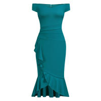 Vestido Elegante Para Mujer De Encaje Con Volante Y Cintura Ajustada Vestido De Fiesta Con Hombros Descubiertos Y Abertura En La Pierna Vestido Clásico De Cintura Alta Y Acolchado - details 17