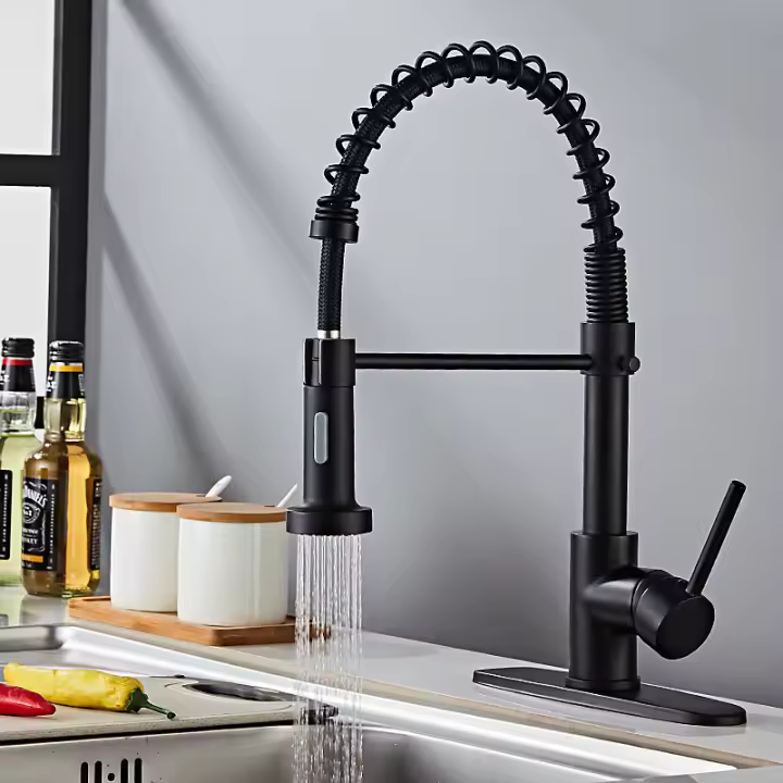 CA Grifo de cocina giratorio de 360 grados con mango de resorte de aleación de cobre negro mate y caño extraíble. - 1