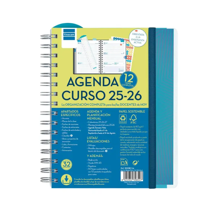 Finocam - Agenda Docente Magistral Personalizable Curso 2025 2026 Azul Septiembre 2025- Agosto 2026 (12 meses) Español - 1
