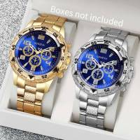 Reloj De Negocios Para Hombre Moda Lujo Dial Grande 2PCS Reloj De Cuarzo Sin Caja Material De Correa Aluminio Marcadores Arábigos Estilo Casual - details 0