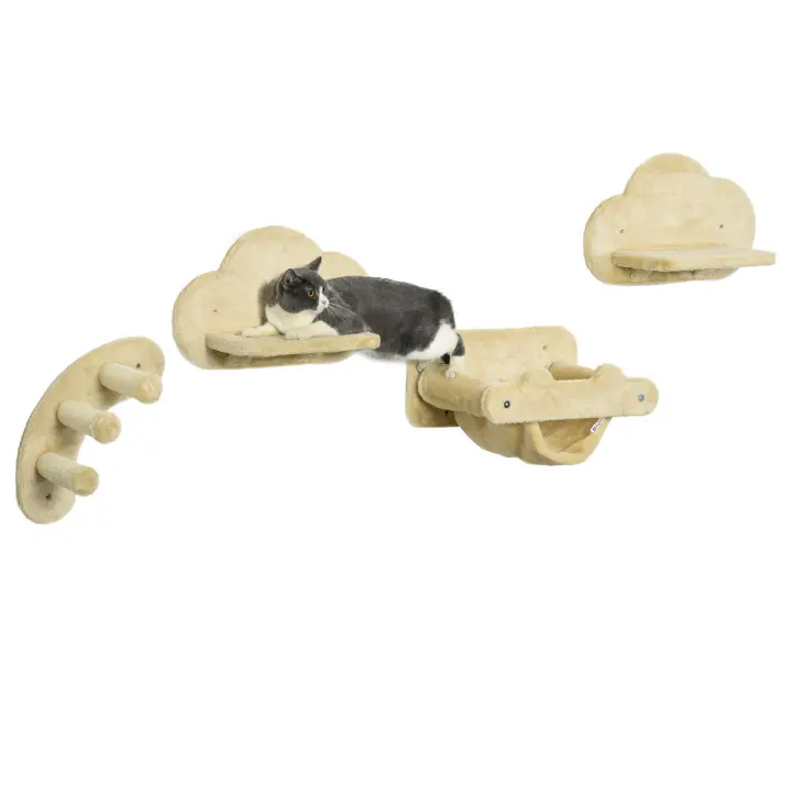 PawHut Rascador para Gatos, 4 Piezas, Rascador para Gatos con Escaleras para Gatos, Hamaca, Plataforma de Salto, Rascador para Pared, Muebles para Gatos de Pared para Gatos de hasta 5 kg, Felpa, Beige - 1