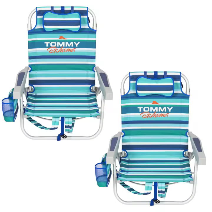 PACK 2 Sillas de Playa Tommy Bahama Reclinable 5 Posiciones - Hamaca de Playa Tommy Bahama Reclinable 5 Posiciones - Tumbona Plegable, Ligera y Resistente, Con Mochila, Almohada, Portavasos y Bolsillos Térmico - Aluminio y Poliéster - 1