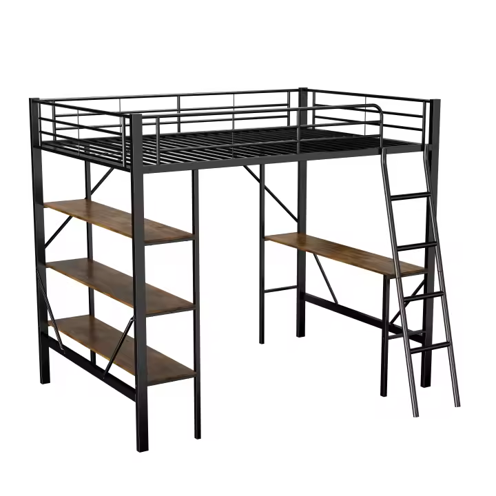 Cama Elevada de Metal Moderna | Escorio Integrado + 3 Estantes Grandes | 90x200cm | Multi-use para Niños, Adolescentes y Adultos | Diseño Compacto y Robust - 1
