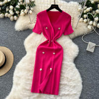Vestido Tejido REALEFT 2025 Para Mujer Verano Cuello En V Corto Manga Metálico Botones Cintura Alta A-Line Longitud Media - details 17