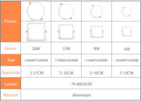 Lámpara De Panel LED Ultra Delgada Redonda/Cuadrada 6W 8W 15W 20W Aluminio Luz Baja Revestimiento De Techo Recubierto Ajustable Blanco AC 85-265V - details 3