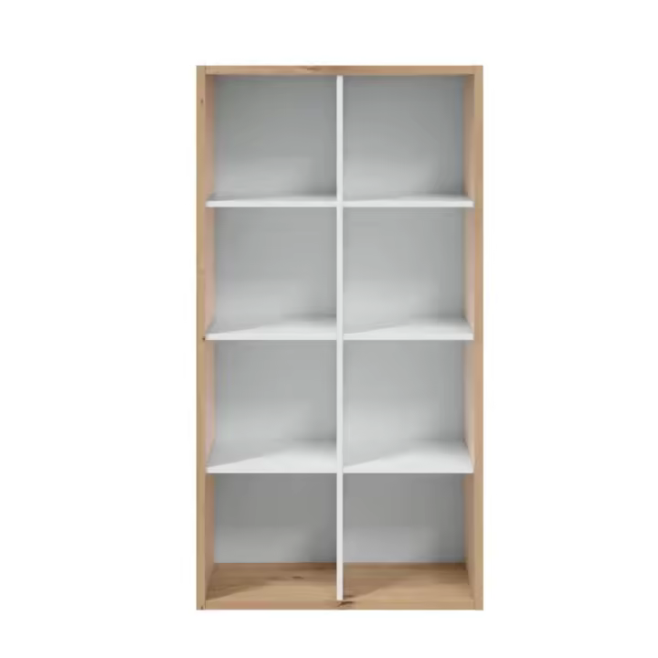 Meimon Estantería NOA alta de 8 huecos, montaje vertical u horizontal, melamina TIPO E1 (22 y 15 mm), trasera MDF lacado blanco, estantes fijos, acabado Roble Nodi y Blanco Artik, herraje metálico, 137x71,5x33 cm, peso máx. 30 kg - 1