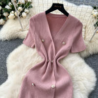 Vestido Tejido REALEFT 2025 Para Mujer Verano Cuello En V Corto Manga Metálico Botones Cintura Alta A-Line Longitud Media - details 19