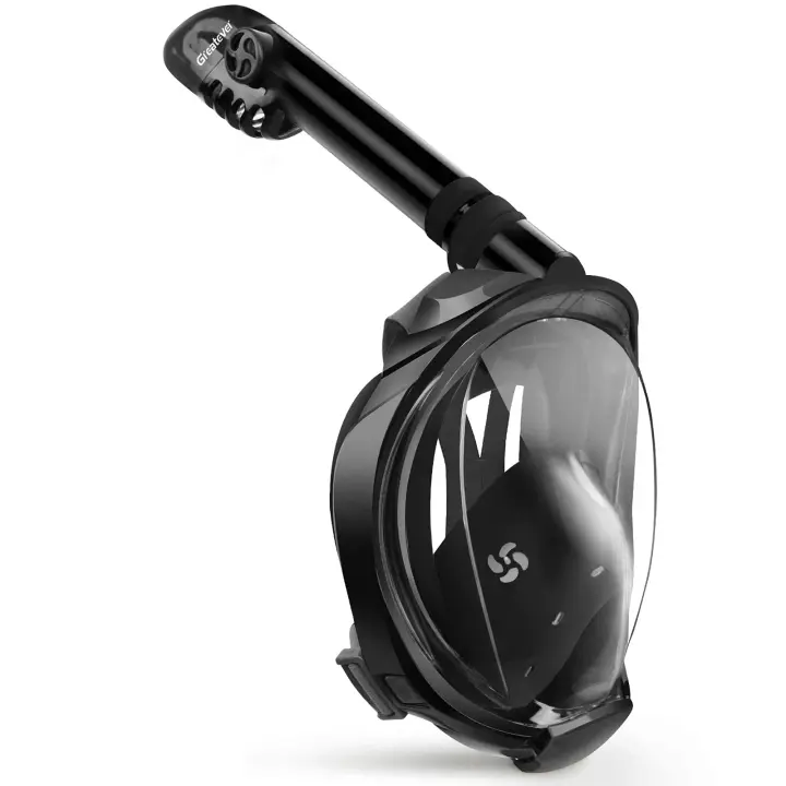 Máscara de snorkel de Cara complete with El Último System de part superior Seca, Máscara de snorkel plegable con vista panorámica de 180 Grados, Negra, L - 1