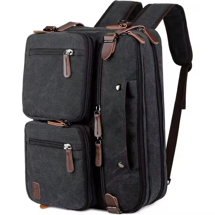Prowalk Mochila para portátil canvas color negro, vintage clasica , unisex multifuncional 3 en 1 , bolso de hombro o mochila, bolso de mano o bolso maletín para ordenador 15/17 pulgadas un bolso elegante multiuso convertible para uso diario - 1