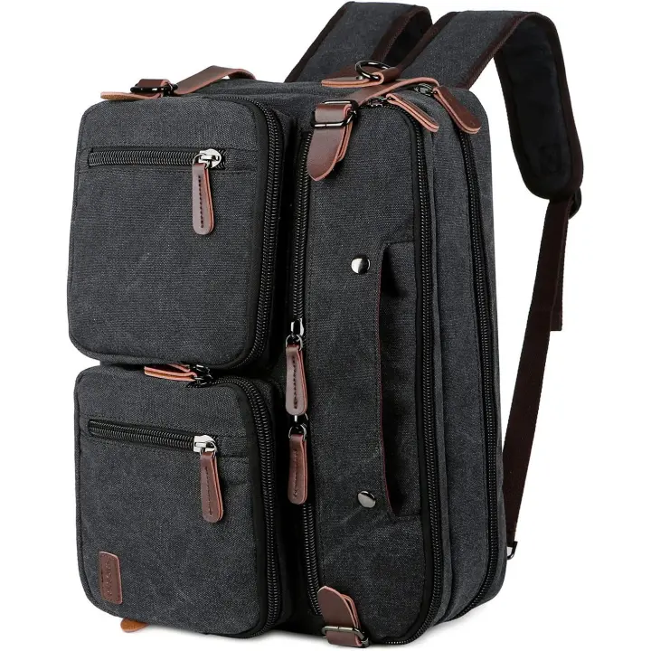 Prowalk Mochila para portátil canvas color negro, vintage clasica , unisex multifuncional 3 en 1 , bolso de hombro o mochila, bolso de mano o bolso maletín para ordenador 15/17 pulgadas un bolso elegante multiuso convertible para uso diario - 1