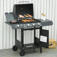 Outsunny Barbacoa de Gas BBQ con Ruedas Parrilla Gas con 3+1 Quemadores de 11,6 KW 2 Mesas Laterales y Termómetro Acero 110x50x100 cm Negro - details 1