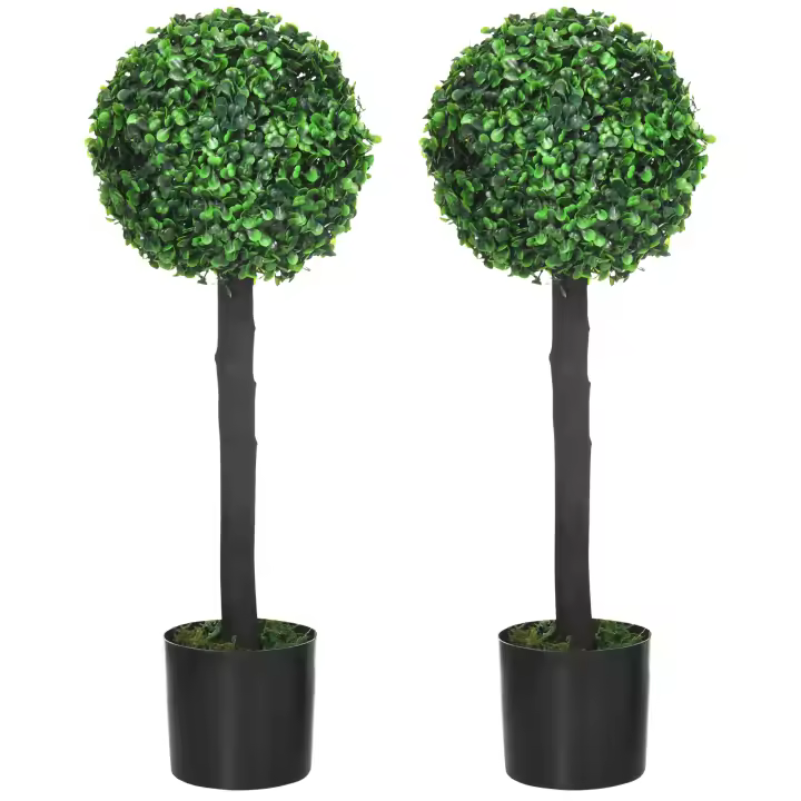 HOMCOM Juego de 2 Plantas Artificiales Decorativas 60 cm Árboles de Bolas de Boj en Macetas Plantas Falsas para Decoración Interior y Exterior del Hogar Ø20x60 cm Verde - 1