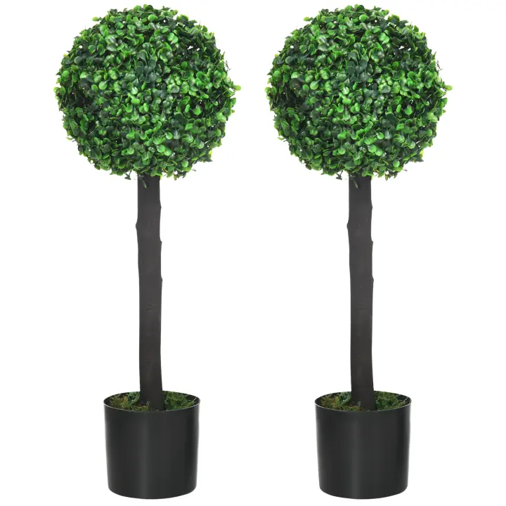HOMCOM Juego de 2 Plantas Artificiales Decorativas 60 cm Árboles de Bolas de Boj en Macetas Plantas Falsas para Decoración Interior y Exterior del Hogar Ø20x60 cm Verde - 1