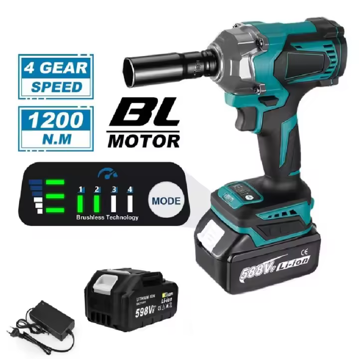 1200N.M Llave de Impacto Eléctrica sin escobillas 1/2 pulgada Destornillador Destornillador sin cable Luz LED Taladro Eléctrico - 1