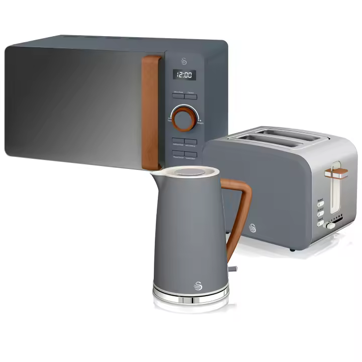 SWAN STRP1060GRYNEU Nordic Set Desayuno, Hervidor Agua 1,7L, Tostadora  2 rebanadas, Microondas 20L Digital, Diseño, , Gris - 1