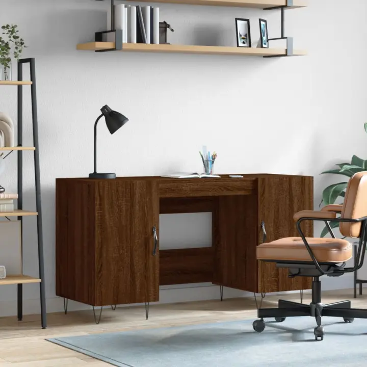 vidaXL Escritorio madera de ingeniería roble marrón 140x50x75 cm en color Marrón roble/Blanco/Roble Sonoma y más | estructura resistente ideal para salón dormitorio o estudio - 1