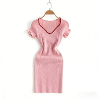 Vestido Bodycon Mini Para Mujer En Rosa Con Volantes Y Cuello En V Estilo Casual Para Fiestas Y Club High Stretch Ribbed Knit - details 3