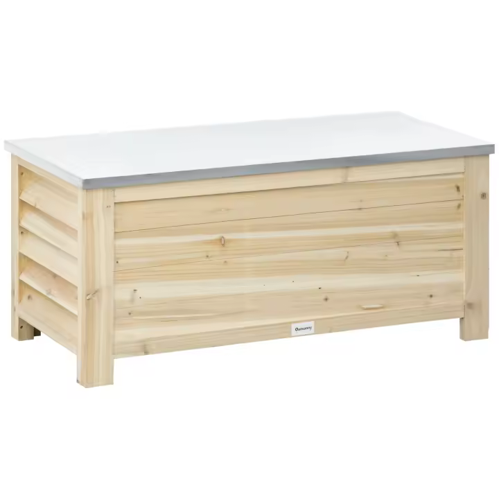 Outsunny Arcón de Jardín Exterior Carga 155L Baúl de Almacenaje Exterior de Madera con Tapa de Metal Galvanizado y Diseño con Listones para Jardín Terraza Balcón 110x50x50 cm Natural - 1