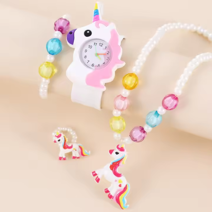 Juego De Reloj Y Joyería Para Niñas Con Patrón De Caballo Arcoíris Collar Aretes Anillo Pulsera Regalos Para Niñas Y Niños - 1