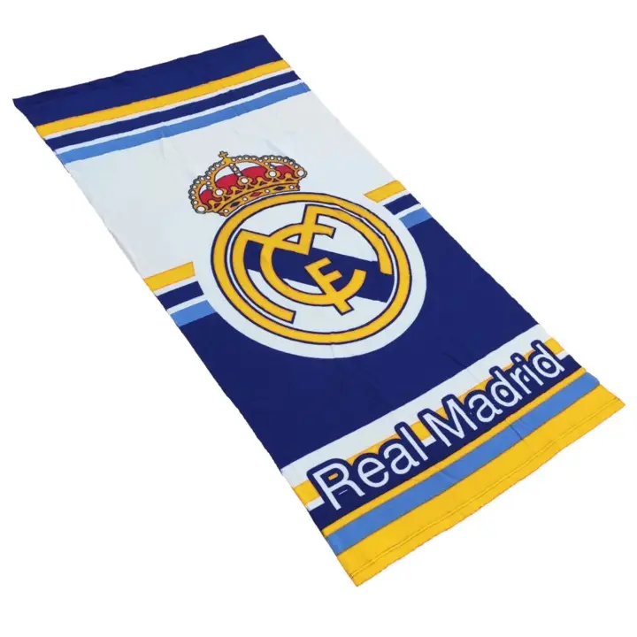 Real Madrid Toalla de Playa Microfibra, Toalla para Piscina, Baño, Gimnasio 70x140cm, Real Madrid Regalo Adultos y Niños, Cumpleaños, Comunión, Color Blanco y Azul - 1
